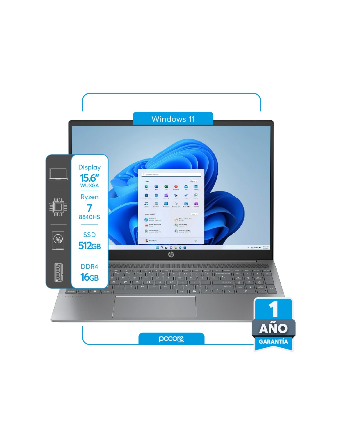 Notebook HP Pavilion Ryzen 7 8840HS 8GB 512SSD 16 WUXGA Win11 Natural Silver Ingles